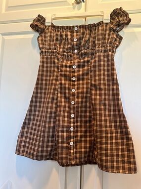 Brown Plaid Button-Front Smocked Cotton Blend Summer Dress Size S EUC